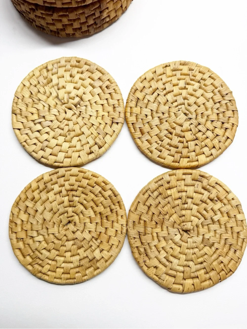 Vintage Boho Woven Wicker Coasters and Caddy Set